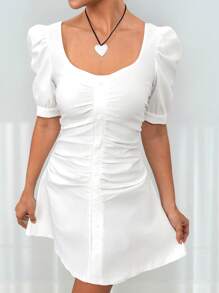 SHEIN Unity Young Elegant Solid Color Puff Sleeve Button Decor Dress - White - View 4