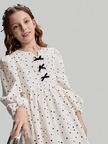 Ontre Tween Girls Cute Polka Dot Small V-Neck Bow Decor 3/4 Batwing Sleeve Loose Ruched Hem Casual Dress, Suitable For Vacation, Home, School, Fashion & Versatile