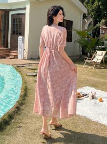 DAZY Women's V-Neck Short Sleeve Elegant Textured Mid-Length Dress Summer Floral SunDress - Pink - View 6