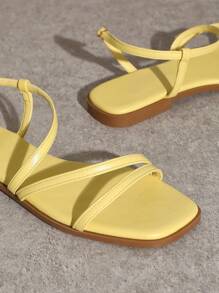 SHUZIA Casual Solid Faux Leather Gold Flat Sandals - Yellow - View 5