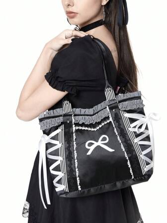 Kawaii 1 pieza Bolso de mano con decoración de cinta bordada de encaje a rayas