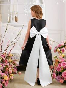 SHEIN Leap Crew Tween Girls' Elegant Open Back Big Bow Decor Round Neck Sleeveless Dress, Party Wear - Black and White - View 6