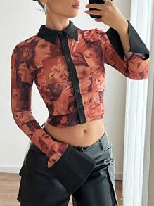 EgrlEra Camisa de mujer con cuello con botones y estampado de patrones