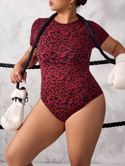 Slayoga Plus Size Women Leopard Print Short Sleeve Jumpsuit Activewear