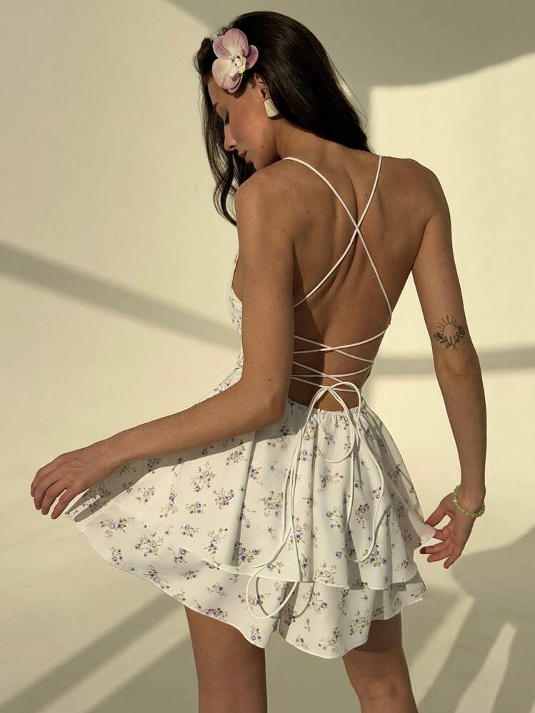 Aloruh New Tiny Ditsy Floral Crisscross Back Tie Slim Fit Romper - Purple - View 1