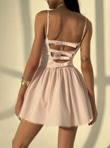 Aloruh Romantic Date Sexy Spaghetti Strap Lace Trim Open Back Bowknot Extremely Short Pink Women Dress - Pink - View 2