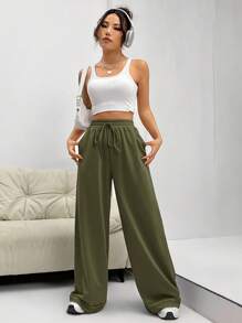 SHEIN EZwear Women Solid Color Waist Tie Pocket Loose Casual Sweatpants