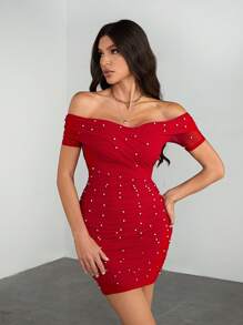 SHEIN Tall 露肩串珠装饰紧身迷你连衣裙，优雅派对装 - 紅色 - 查看 6