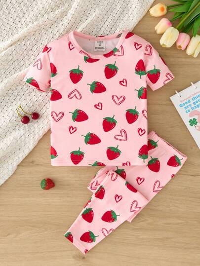 SHEIN 2pcs/Set Knit Strawberry Print Round Neck Short Sleeve Tee And Knit Print Legging Pajama Set For Young Girls