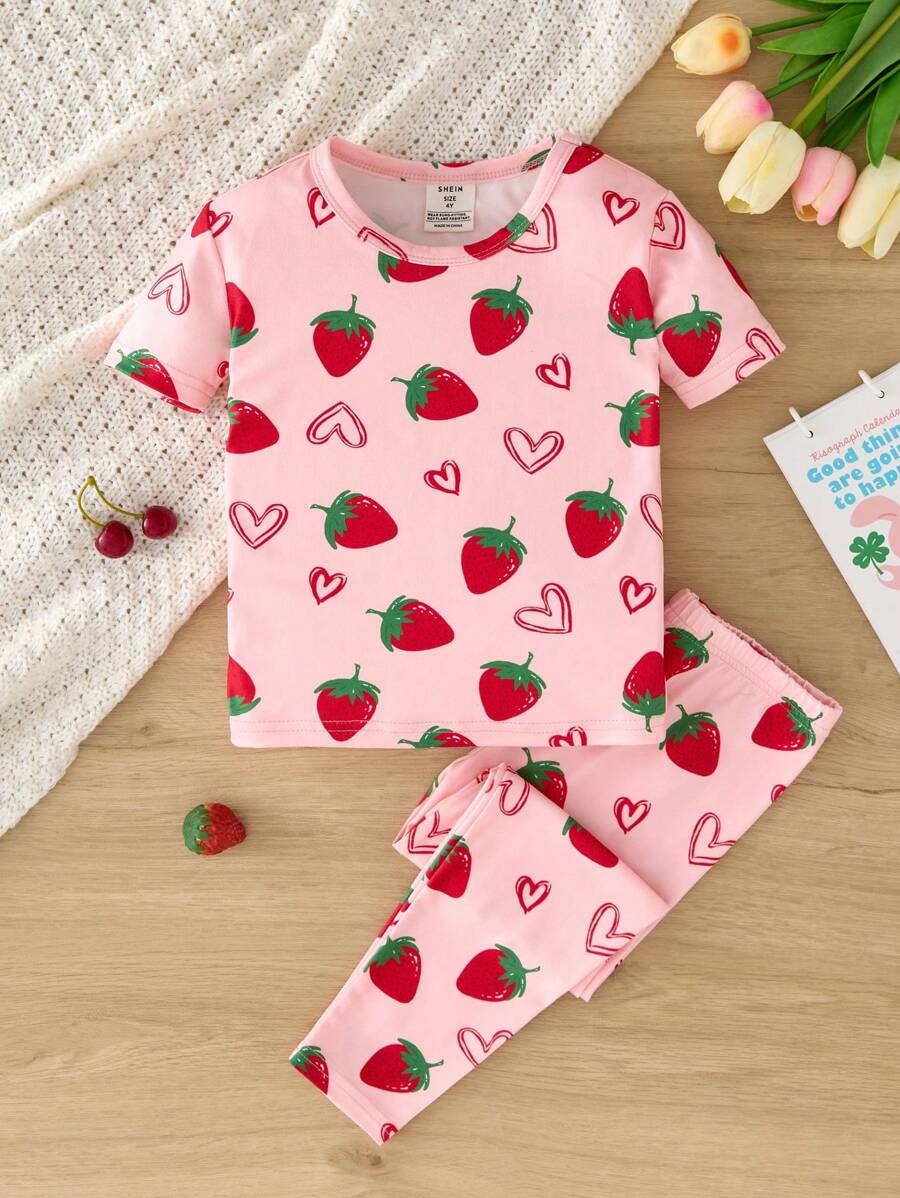 SHEIN Bộ 2 món/Bộ áo thun tay ngắn cổ tròn in họa tiết dâu tây và quần legging in họa tiết cho bé gái - Hồng - Xem 1