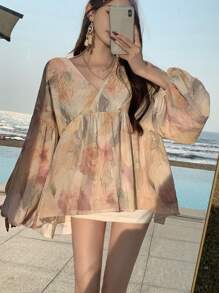 DAZY 女士印花宽松圆领长袖休闲夏季衬衫，荷叶边度假装 - 粉色 - 查看 6