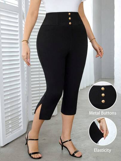 SHEIN Clasi High Waist Wide Waistband Metal Button Decor Knee Side Slit 3/4 Length Plus Size Women Pants, Elegant Daily Black Pants Work Pants