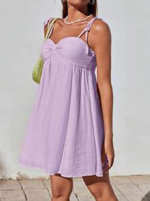 SHEIN EZwear 1pc Women Solid Color Ruffle Loose Mini Cami Babydoll Dress,Lavender Dress - Mauve Purple - View 4