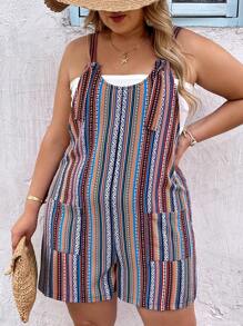 SHEIN VCAY Combi-short ample coloré à rayures, col rond, cordon de serrage et poches pour vacances décontractées, tenues d'été pour femmes, plage, vêtements d'été, tailles plus - Multicolore - Voir 6