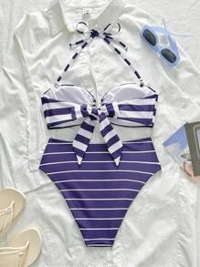 Summer Striped Print Top With Metal Decoration & Striped Briefs