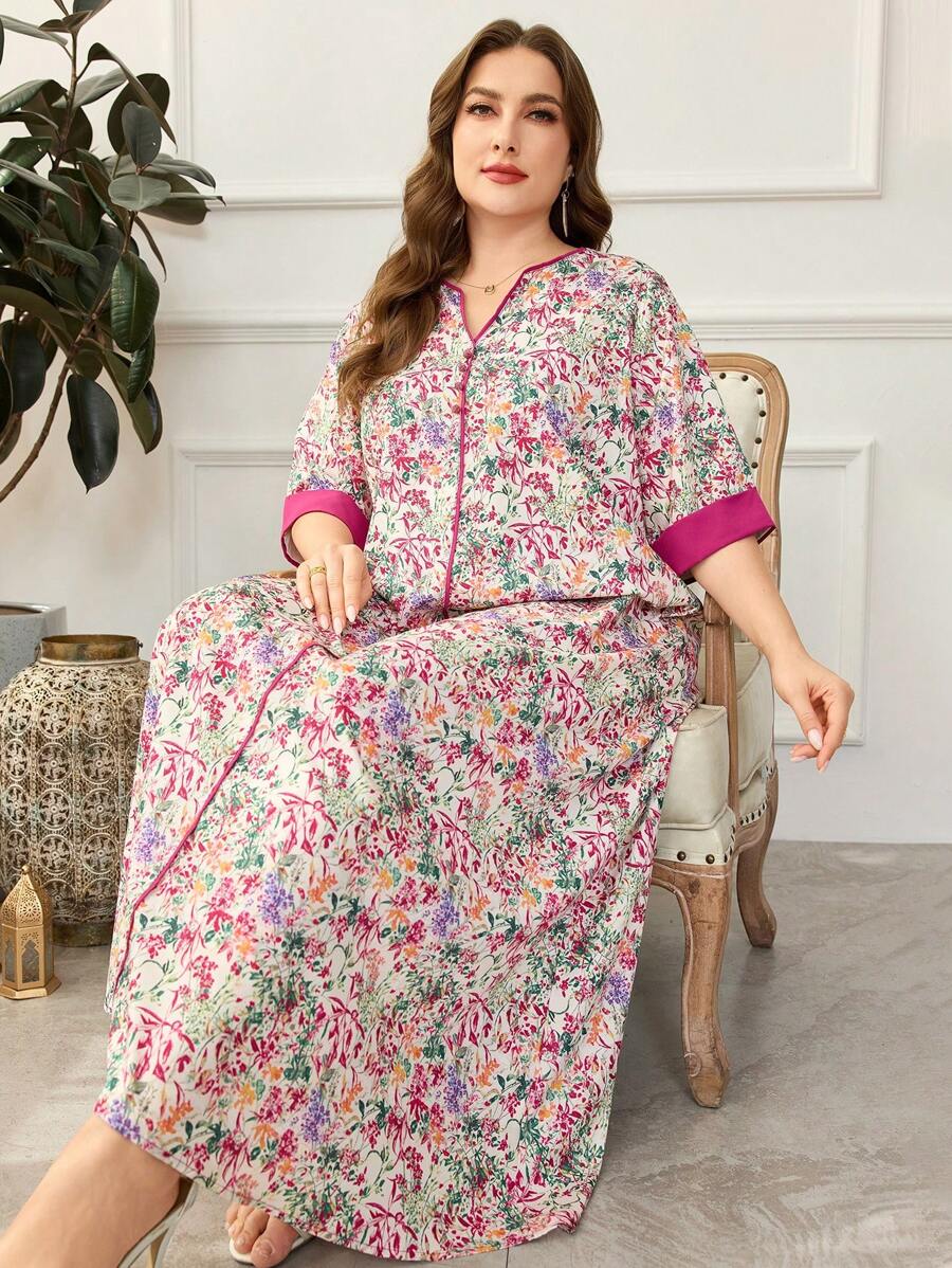 Al Najma 大码女式各样花朵图案 V 领半袖阿拉伯长裙