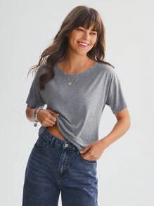 SHEIN LUNE Women's Criss-Cross Strap Backless Twist Floral Print Casual Comfortable T-Shirt - Grey - View 5