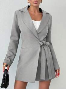 EURMUSE Women's Solid Color Notched Collar Long Sleeve Casual Side Tied Blazer, Autumn - Grey - View 5