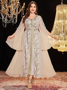 Al Najma Plus Size Elegant Luxury Sequins Embroidered Pleated Dress For Women, Arabic Style - Apricot - View 3
