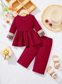 SHEIN Baby Girl Cute Retro Burgundy Long Sleeve Top & Elastic Waist Pants 2pcs Set, Spring/Summer