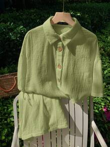 Muchica Lime Green Women's Casual Linen 2 Pieces Set - Lime Green - View 1