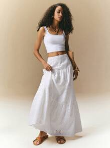 Poéselle 法式镂空钩花裙，白色长裙，弹力高腰长塔裙，波西米亚风女装，太阳裙，碎花裙，沙滩装，春假服装 - 白色 - 查看 3