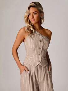 Forever 21 Women's Striped Single-Breasted Sleeveless Casual Top - Khaki - View 3