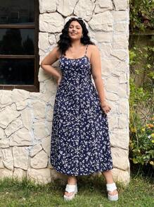 SHEIN EZwear Plus Size Women,Long Beach Dress,Ditsy Floral Spaghetti Strap Casual Dress, Minimalist & Fashionable For Everyday Wear,Spring Summer Clothes - Multicolor - View 4