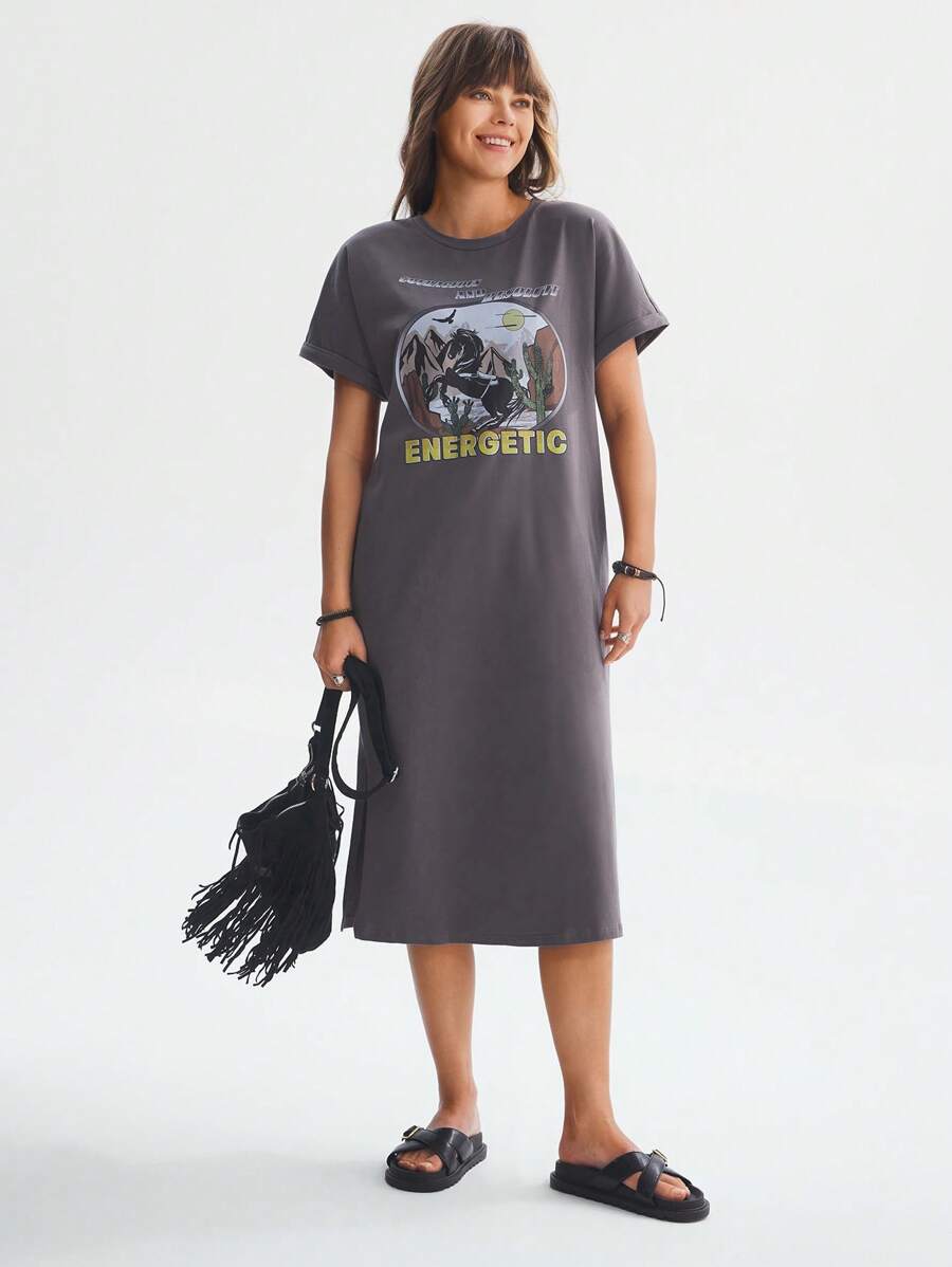 SHEIN LUNE Letter and Horse Print Cuffed Tee Dress