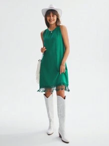 SHEIN LUNE Solid Fringe Hem Tank Dress - Green - View 3