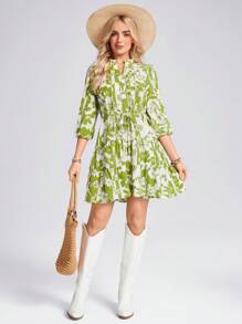 Wildy Tiered Button Down Dress With Waist Tie In Green,Bohemian,Western Wear Women - Green - View 3