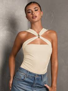 SHEIN BAE Women Spring Summer Metal Decor Halter Bodysuit - Apricot - View 5