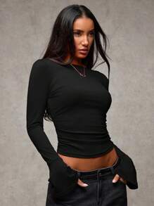 SHEIN BAE 新年红色弹力针织露背喇叭袖上衣，派对女士上衣，基本款长袖上衣，新年上衣 - 黑色 - 查看 5