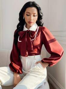 Modelyn 女士撞色系带领灯笼袖优雅衬衫 - 棕色 - 查看 3