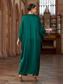 Al Najma 女士优雅连衣裙，深绿色，V 领蝙蝠袖珍珠点缀华丽缎面阿拉伯连衣裙，奢华晚礼服阿拉伯连衣裙，端庄 - 墨綠色 - 查看 4