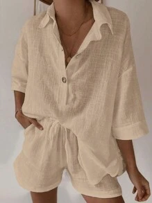 SHEIN EZwear 卡其色编织女士休闲落肩袖衬衫和短裤套装 - 卡其色 - 查看 2