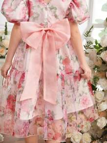 SHEIN Tween Girls Organza Printed Bow Decor Round Neck Backless Design Dress - Multicolor - View 5