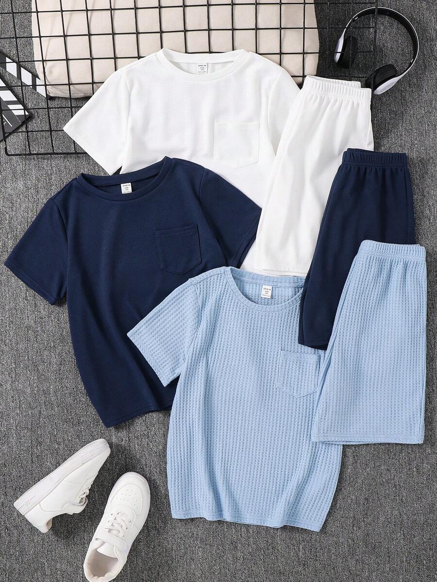 SHEIN Leap Crew 6pcs/Set Tween Boys Casual Collegiate Comfortable Fashion Minimalist Practical Soft Waffle Texture Short Sleeve Crew Neck T-Shirt And Elastic Waist Shorts Set, Suitable For Spring, Summer, Autumn, Suitable For Daily, Outdoor Play, School, Streetwear, Party And Leisure