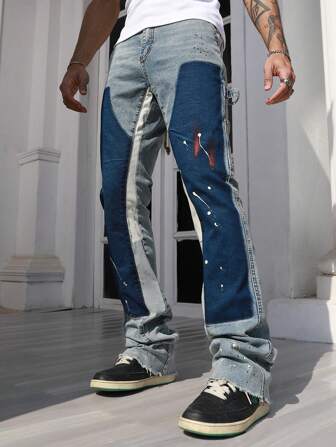 Grunge Punk Jeans décontractés et polyvalents à jambe droite avec blocs de couleurs sur les poches pour hommes