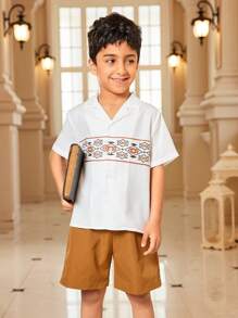 2pcs/Set Young Boy Arabian Print Shirt & Plain Shorts Summer Matching Family Vacation Holiday Casual Short Sleeve Set For School,Garden,Beach,Birthday - Brown - View 5