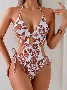 Swim Lushoire 女士夏季海滩度假花卉印花镂空性感吊带连体泳衣 - 棕色 - 查看 4