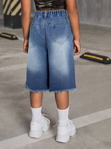 SHEIN Tween Girl Casual Ripped Loose Denim Shorts - Medium Wash - View 2