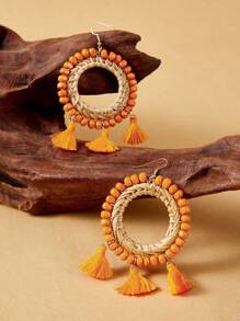 SHEIN VCAY Vacation Boho Creative Orange Tassel Ear Rings, Exaggerated Vintage Handmade Bead Earrings