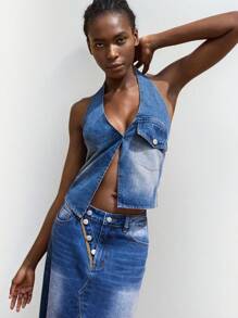 Maija Tops de mujer de tela vaquera con cuello halter para primavera y verano - Azul lavado medio - Ver 7
