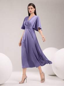 Modelyn 女士纯色中长连衣裙，简约时尚，适合日常休闲穿着 - 紫色 - 查看 3