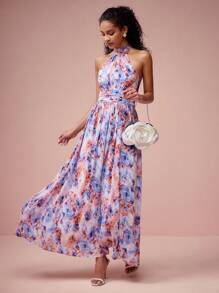 Enchnt 女士优雅花卉印花露背吊带连衣裙 - 藍色 - 查看 4