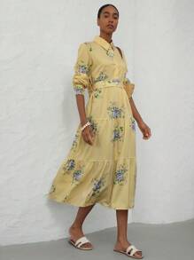 Aveloria Modichic 条纹与花卉随机印花长袖休闲连衣裙 - 黃色 - 查看 4