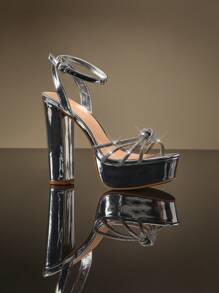 SHUZIA Ankle Strap Platform Block Heeled Sandals Spring Shoes Spring Break Easter Prom Heels Wedding Shoes For Christmas Valentine's Day - Silver - View 3