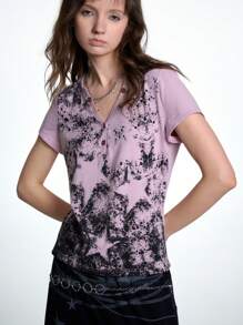 Coolane Women's Spring And Summer For Stpatrick Day Streetwear Vintage Star Pattern Purple V-Neck T-Shirt - Pink - View 4