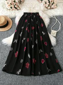 SHEIN VCAY Große Größen Valentinstag Set aus schwarzer Chiffon Herz Muster Bluse mit elastischer Taille und A-Linien Laternärmel und weitem A-Linien Rock, romantisch für Datenight